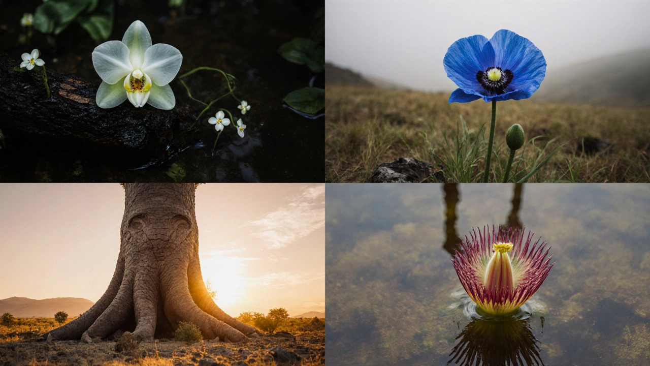 Artistic collage of Ghost Orchid, Blue Himalayan Poppy, African Baobab, and Venus Flytrap.
