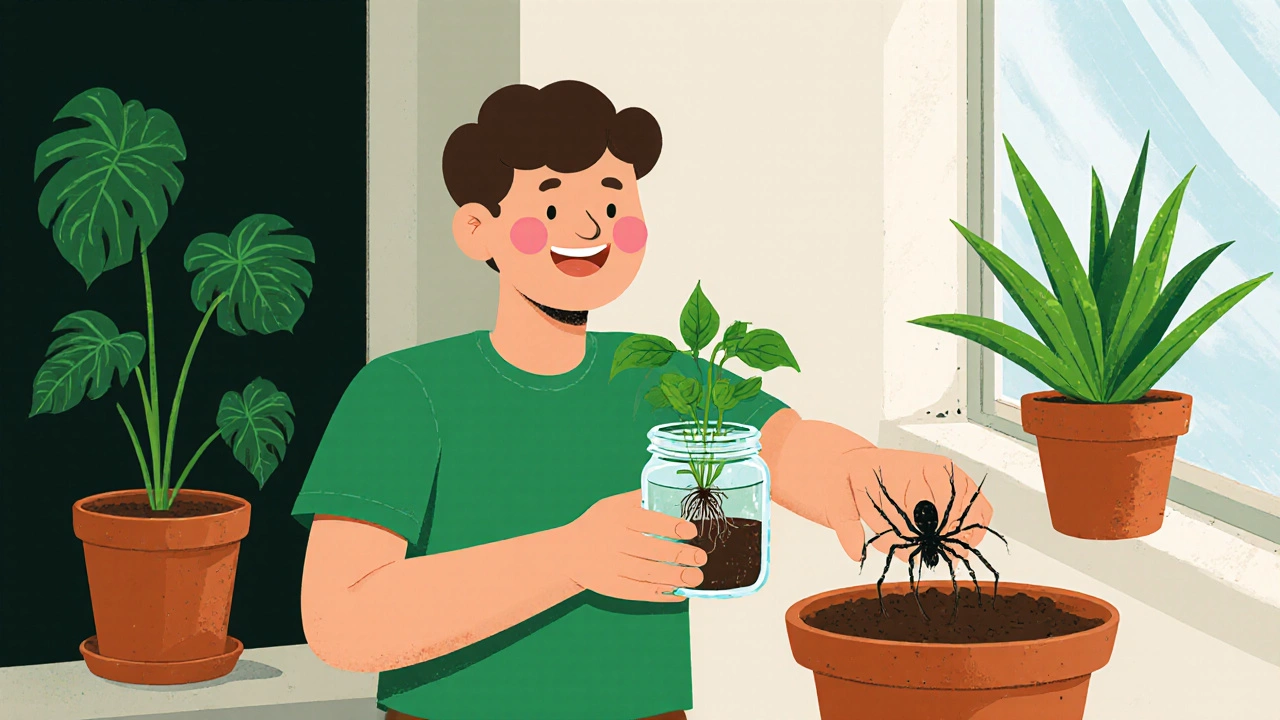 Beginner propagating pothos cutting and spider plant baby on balcony.