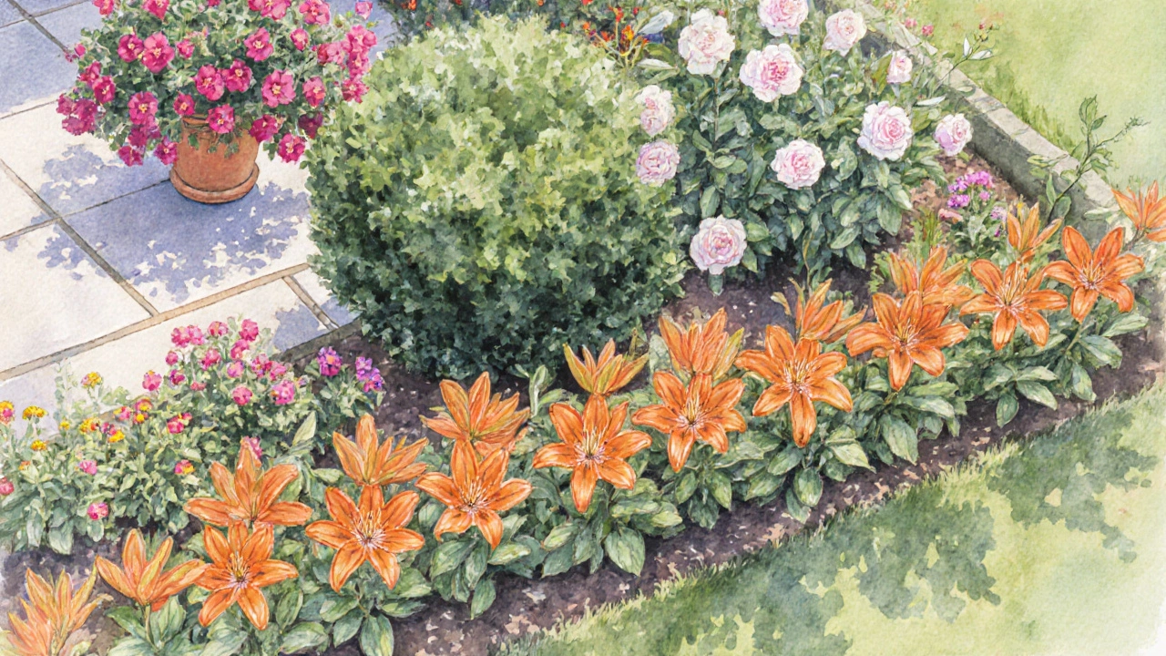 Bird’s‑eye watercolor of a long‑season garden layout featuring daylilies, camellia, roses, bougainvillea, and lantana.