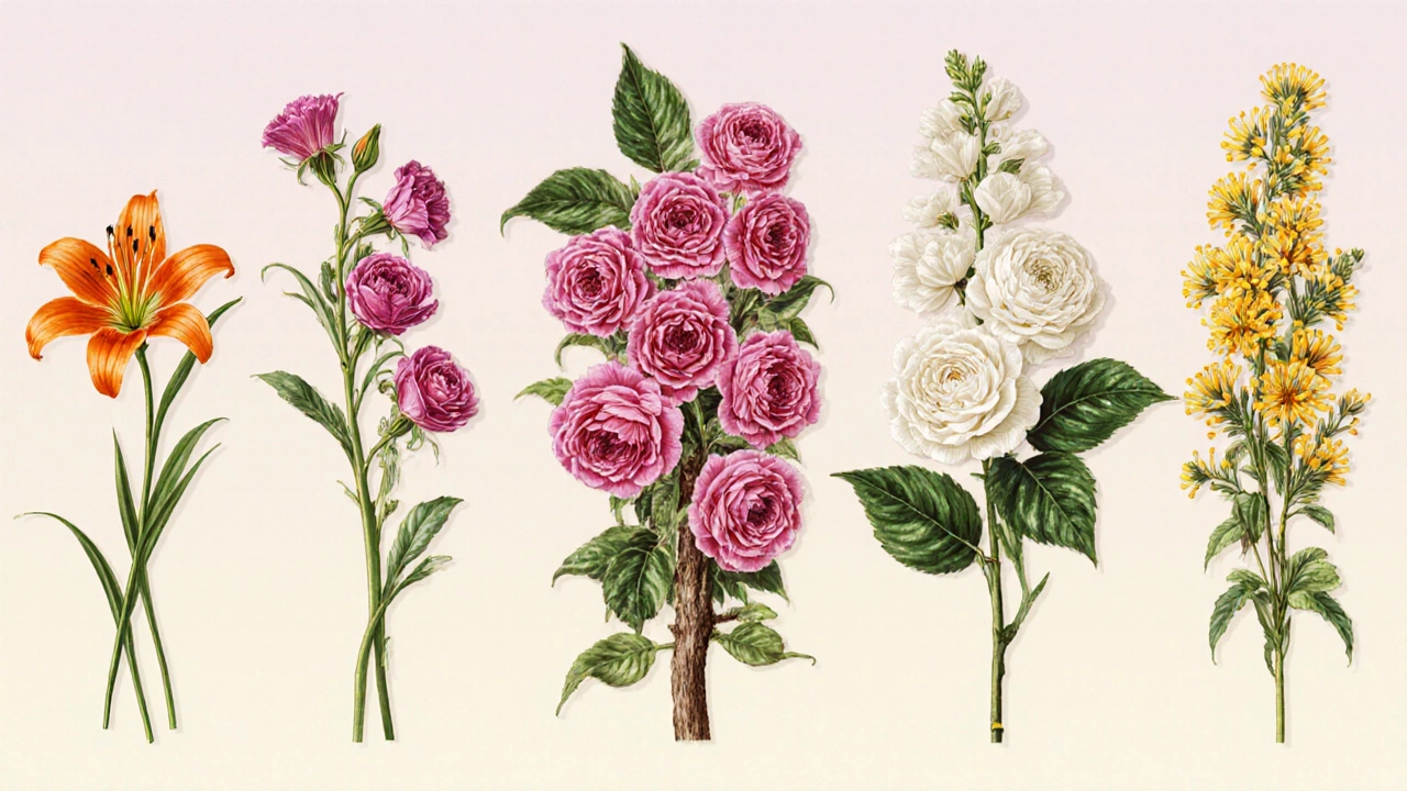 Close‑up illustration of five long‑blooming plants with their characteristic flowers.