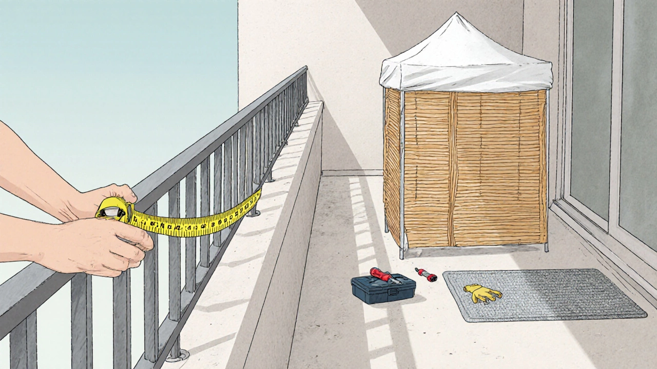 Close‑up of safety checks: measuring railing, installing canopy, bamboo screen, and non‑slip rug.