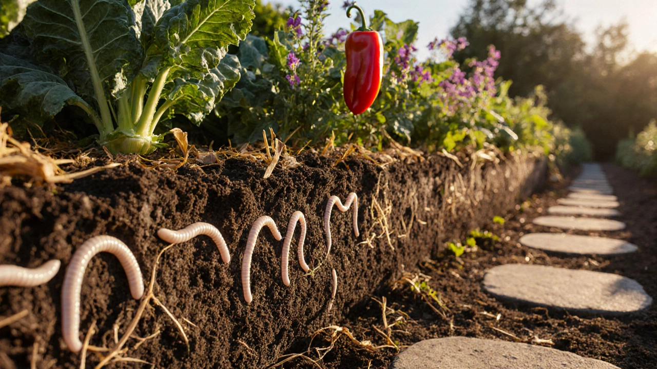 Cross‑section of rich soil with earthworms, roots, mulch, and thriving garden plants.