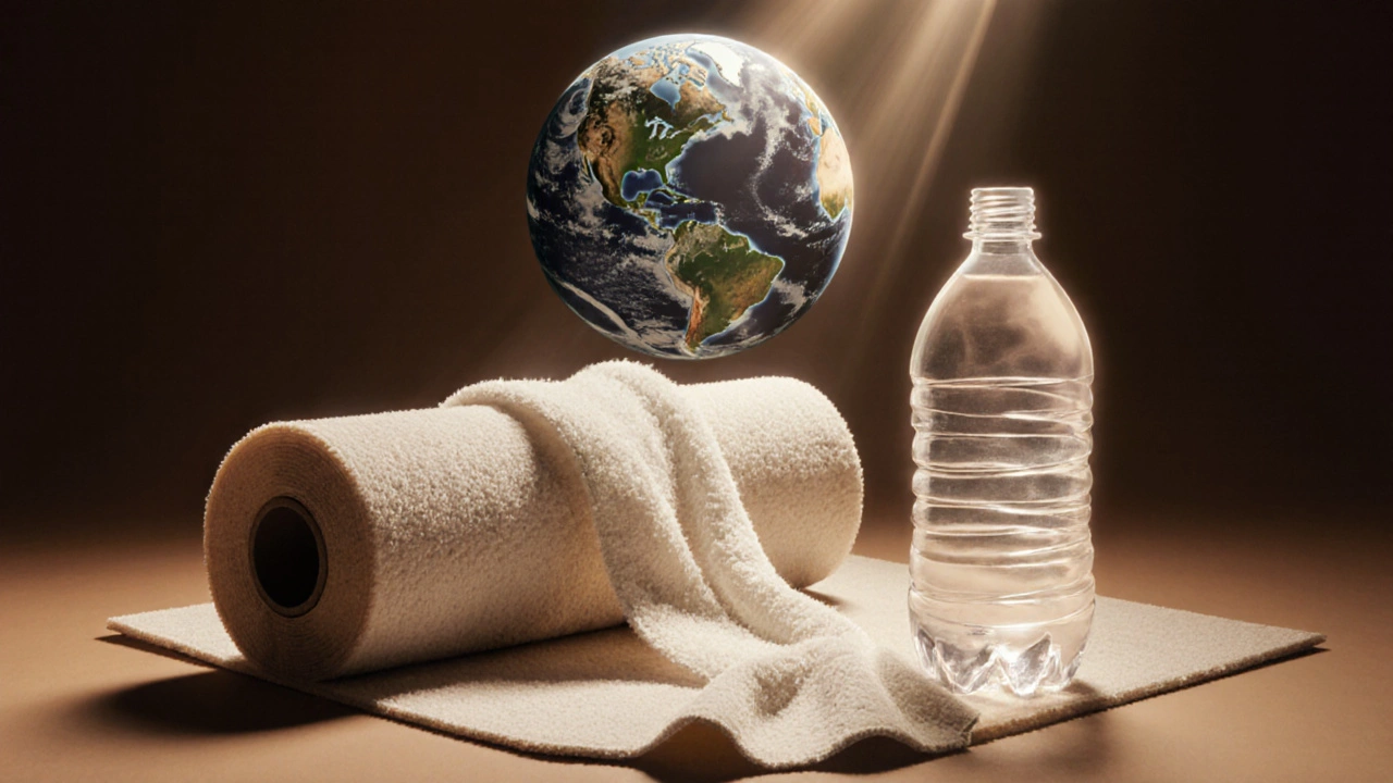 Eco‑friendly display of rPET bottle, recycled fabric, and carpet backing.