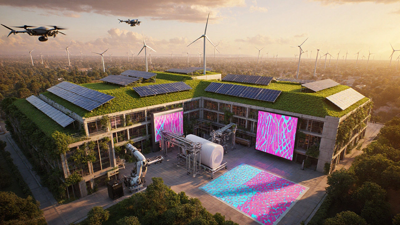 Futuristic eco‑friendly textile factory with green roofs, drones, and digital printing displays.
