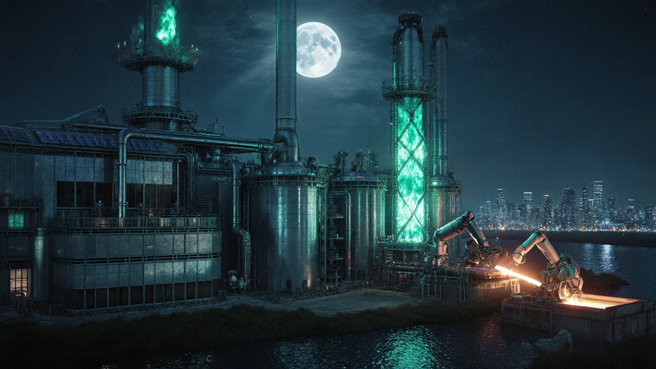 Futuristic night scene of a green steel plant using hydrogen arcs, solar panels, and autonomous robots.