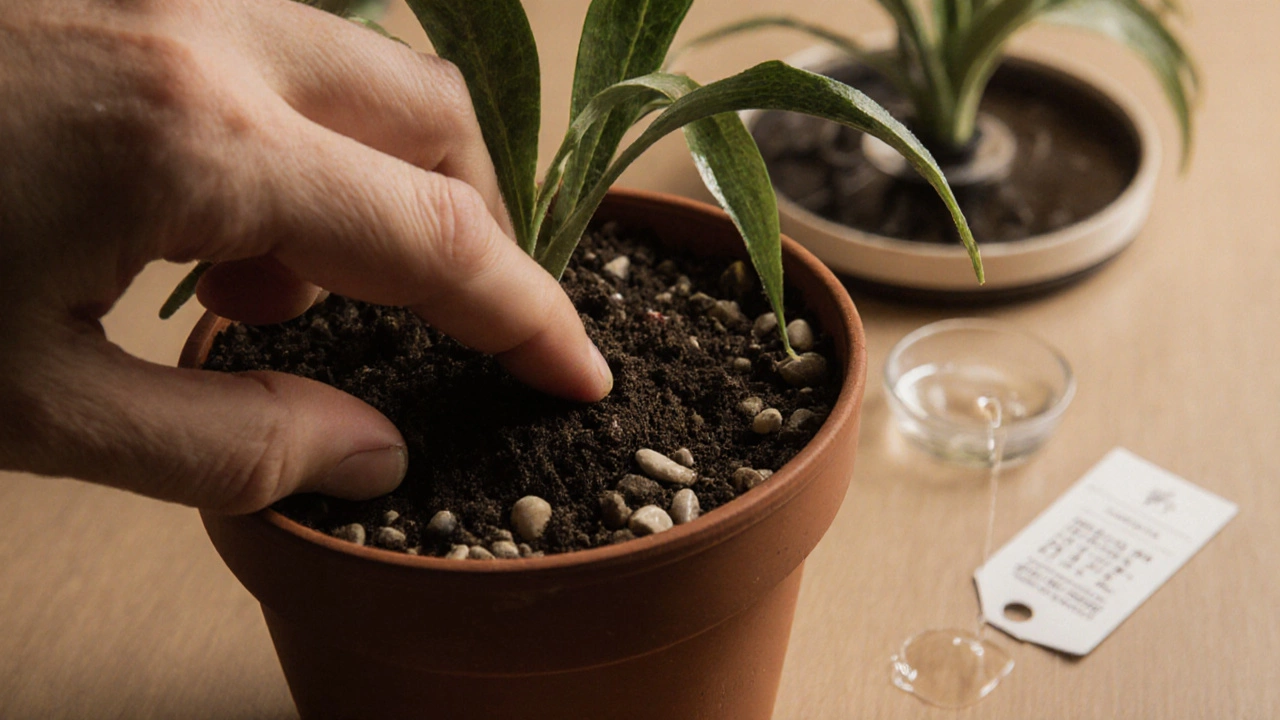 Hand checking soil moisture and rotating a pot with drainage and saucer.