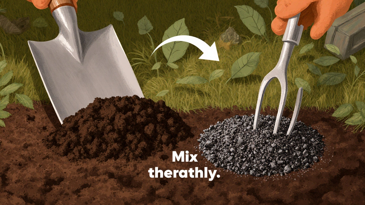 Illustration of compost being spread and mixed with biochar and rock dust in soil.