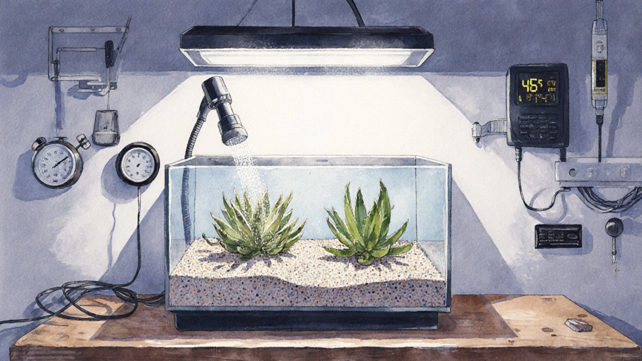 Indoor terrarium setup with sand‑lime mix, misting nozzle, grow lamp, and climate gauges.