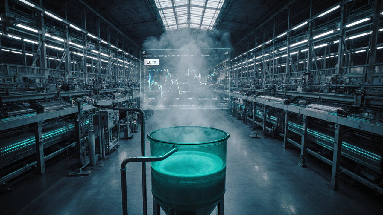 Inside a modern textile mill with AI looms, LED lighting, and eco‑friendly dye tanks.