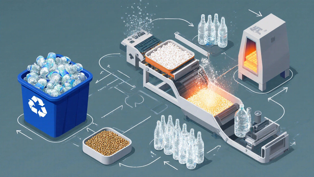 Isometric view of PET recycling steps from bin to new bottle.