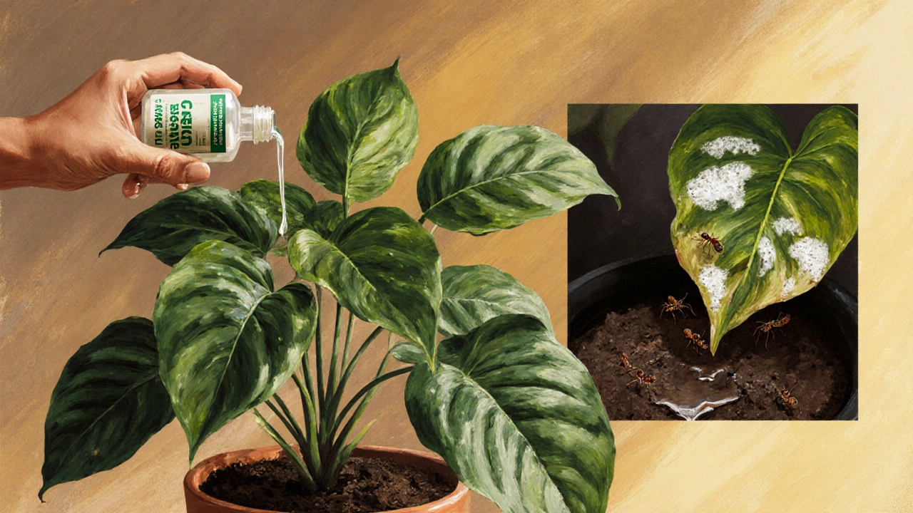 Lush indoor plant with fertilizer bottle, contrasted by wilted leaf with fungus.