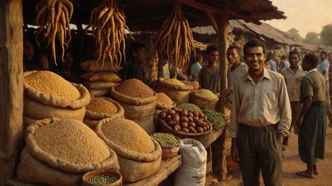 Market stall with harvested millet, sorghum, cassava, sweet potatoes, pigeon peas, and quinoa.
