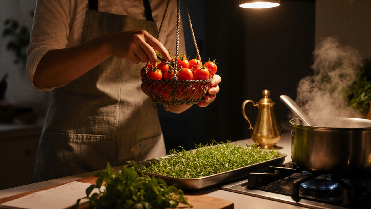 Person harvesting cherry tomatoes and microgreens in a warmly lit kitchen with cookware.