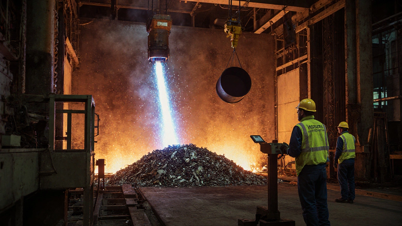 Photorealistic interior of an electric‑arc furnace plant with arcs melting scrap metal and workers in safety gear.