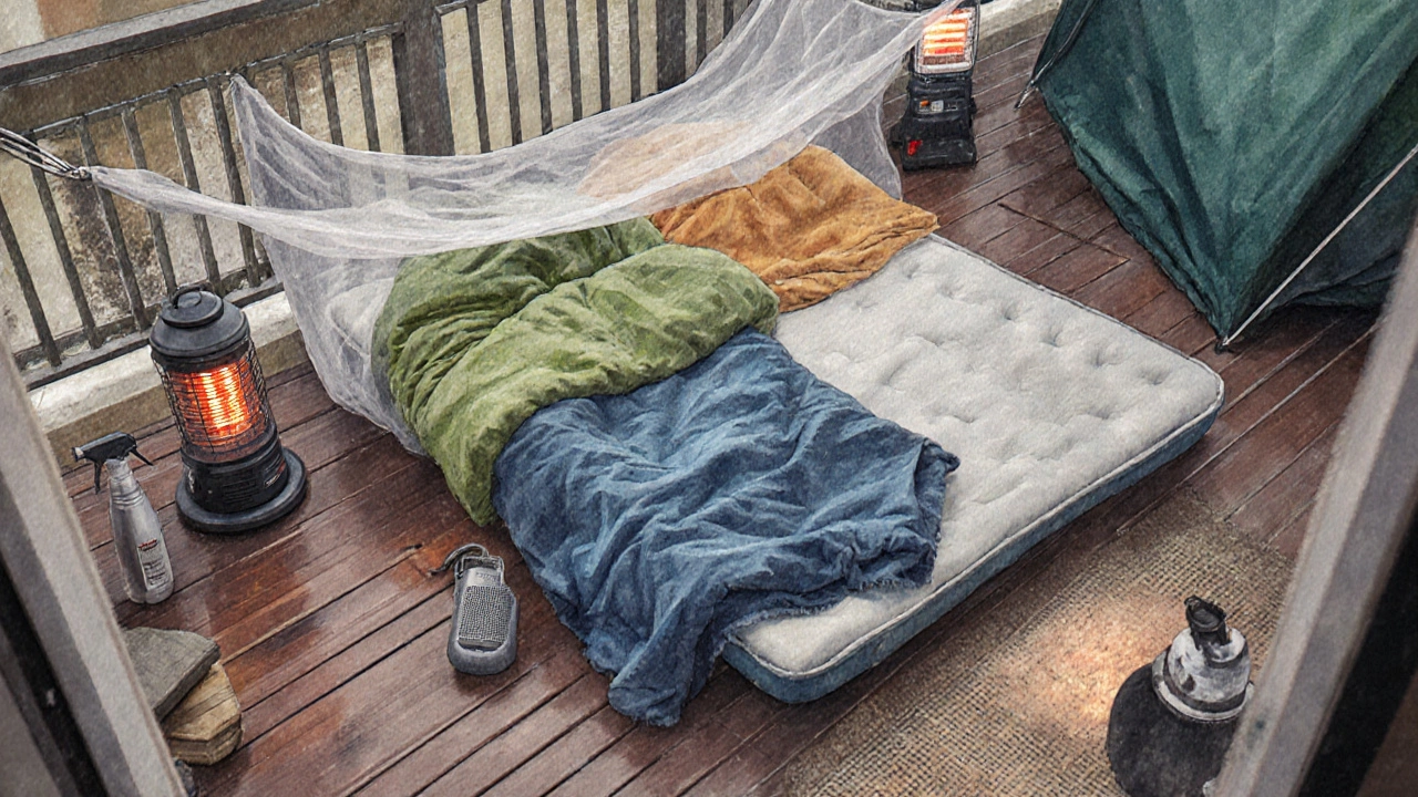 Season‑ready balcony setup with mattress, blankets, heater, insect netting and lantern.