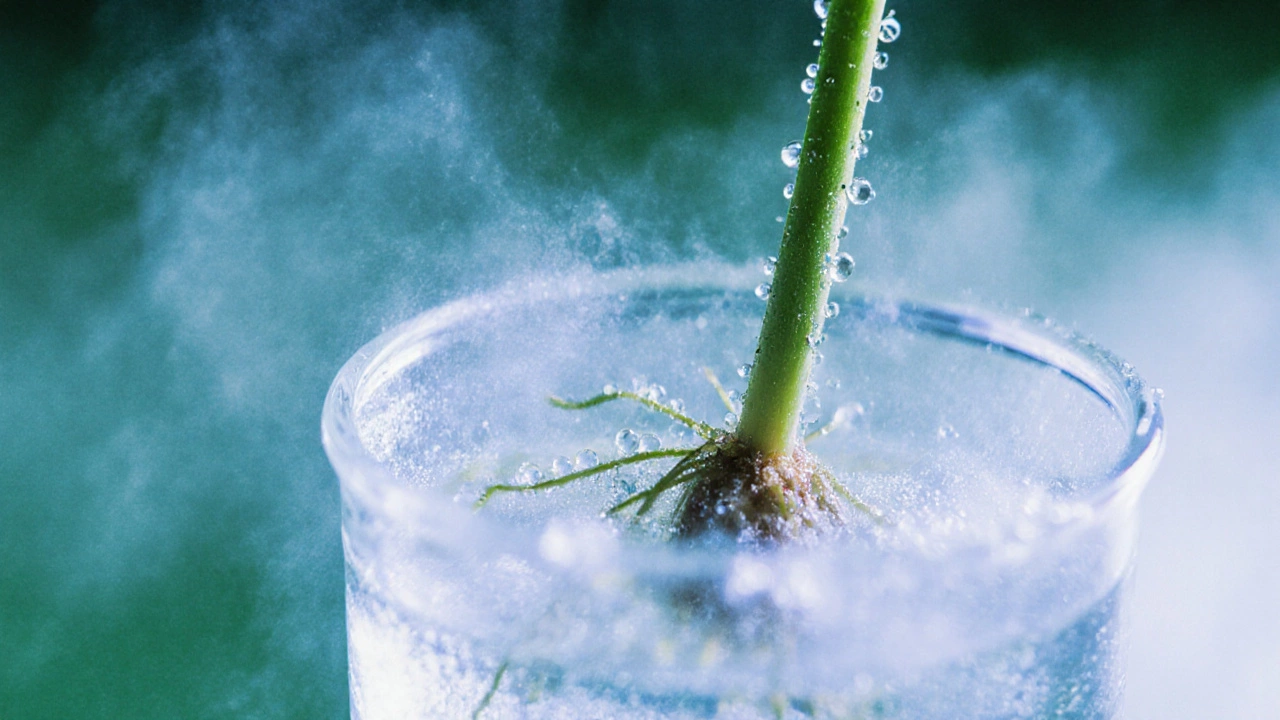 Spider‑plant cutting dipped in sugar solution with droplets visible in mist.