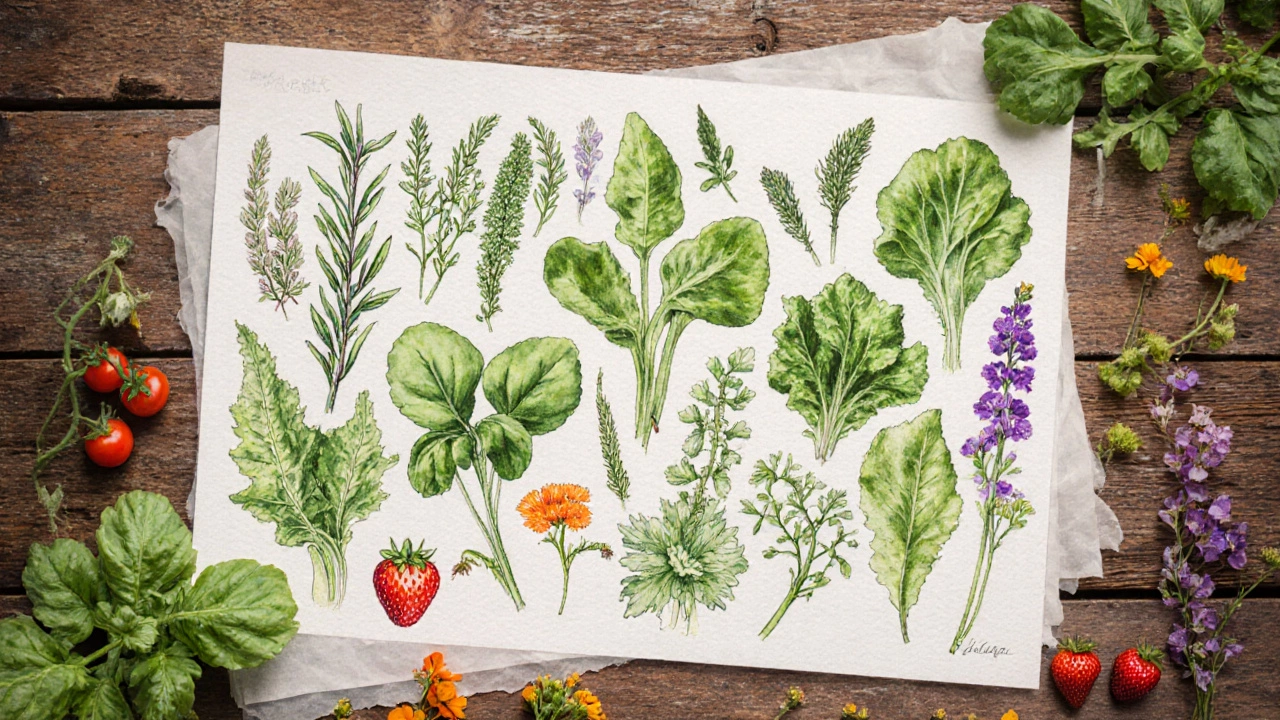 Watercolor botanical collage of basil, spinach, tomatoes, strawberries, and edible flowers on wood.