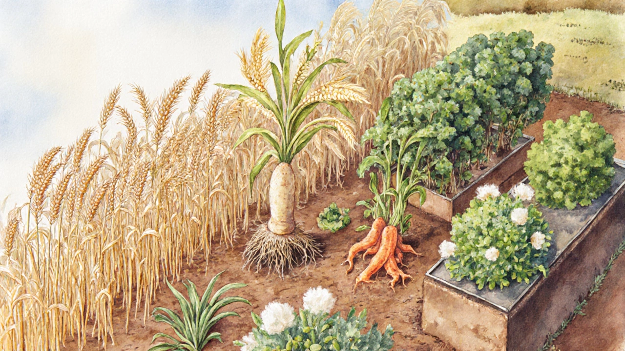 Watercolor field showing millet, sorghum, cassava, sweet potato, pigeon pea, and quinoa.